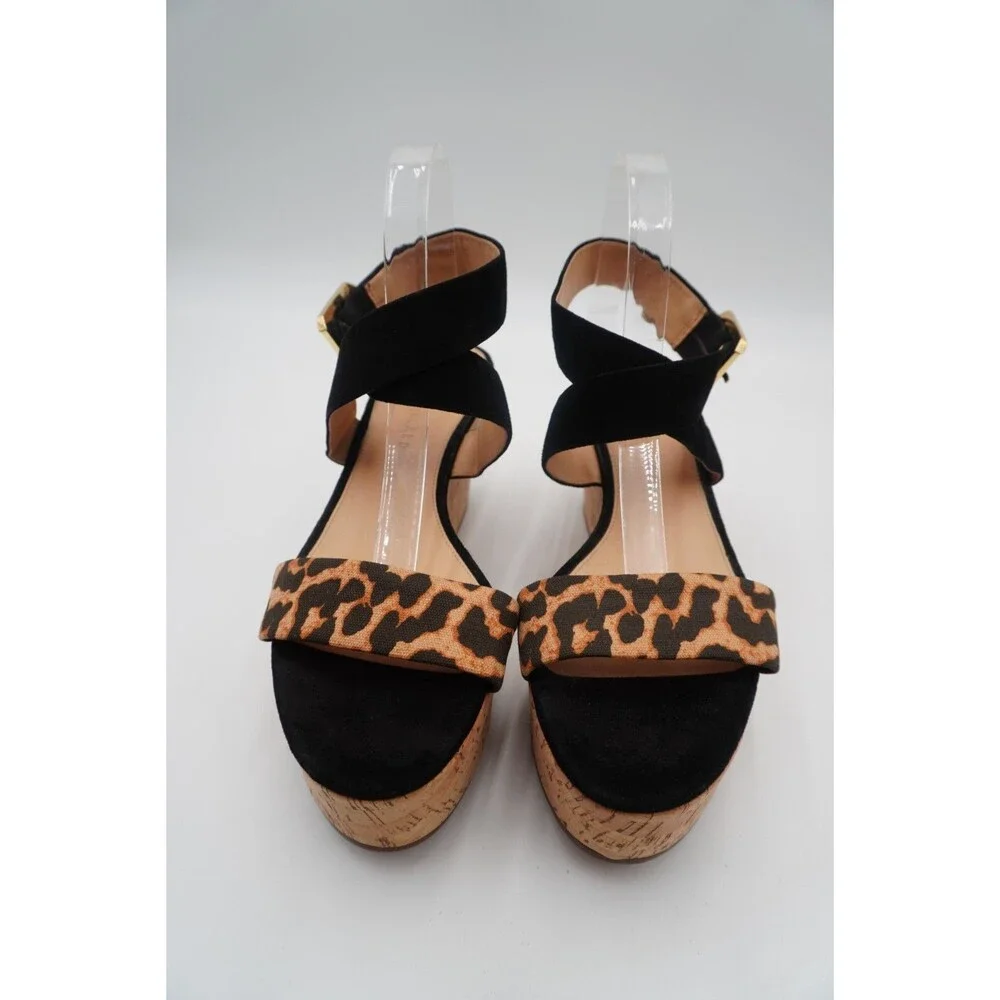 Veronica Beard Hurley Cross Ankle Strap Platform Wedge Sandal Leopard Print 10M